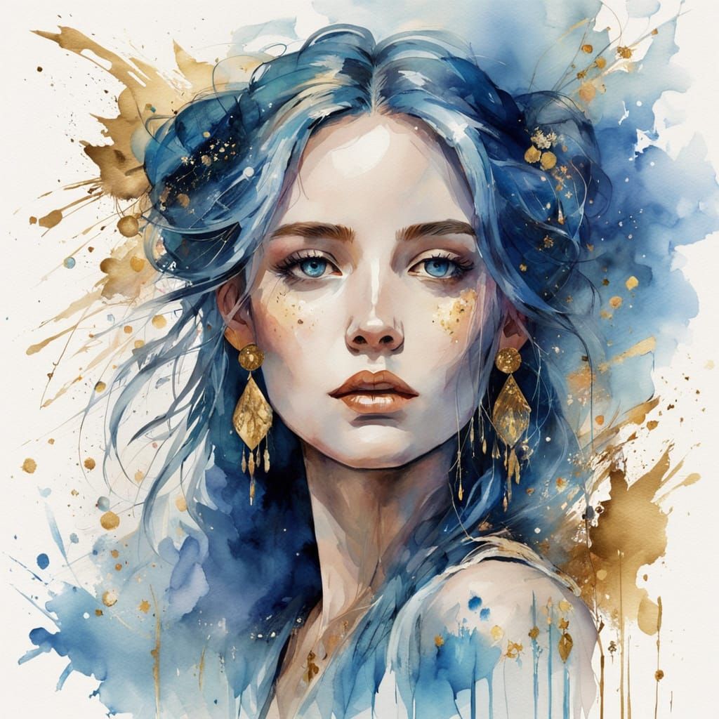 Woman with Blue Hair in Cosmic Watercolor