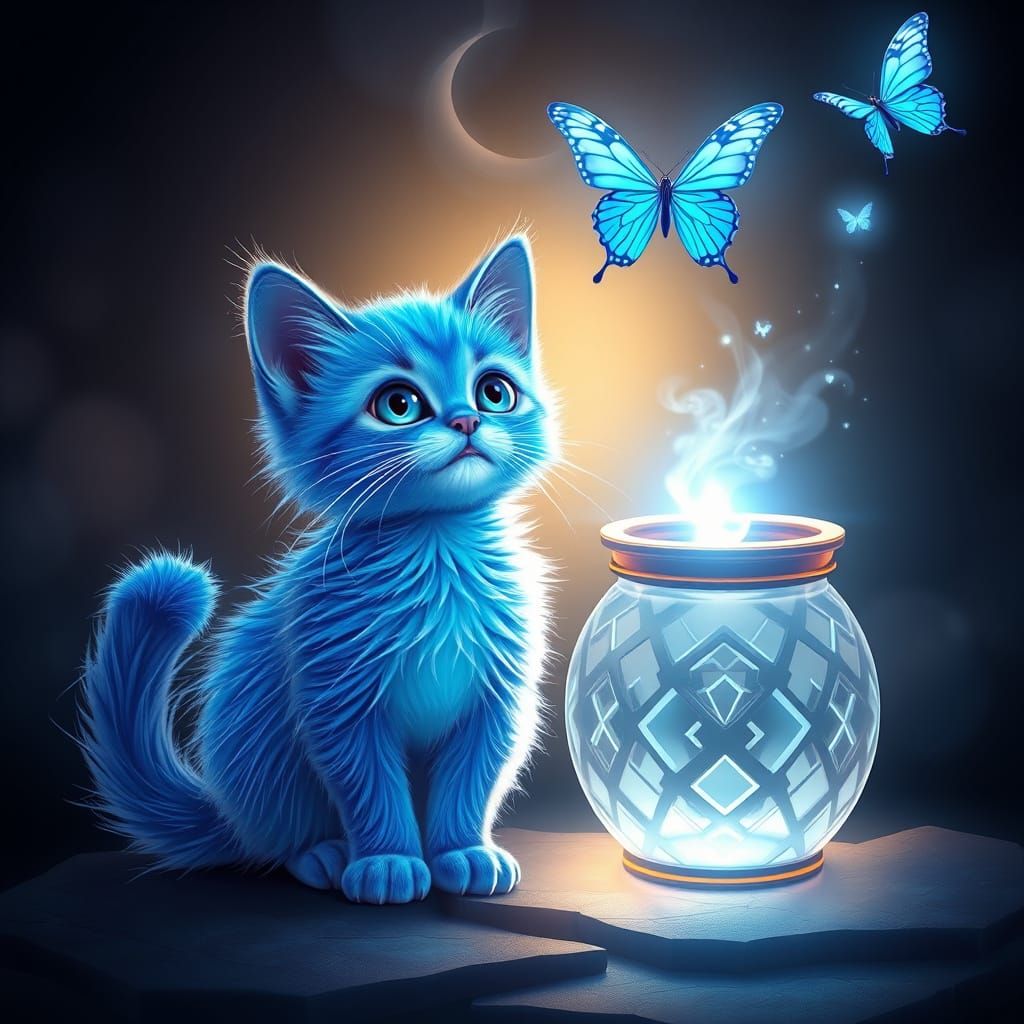 Majestic Blue Kitten in Dark Fantasy Scene