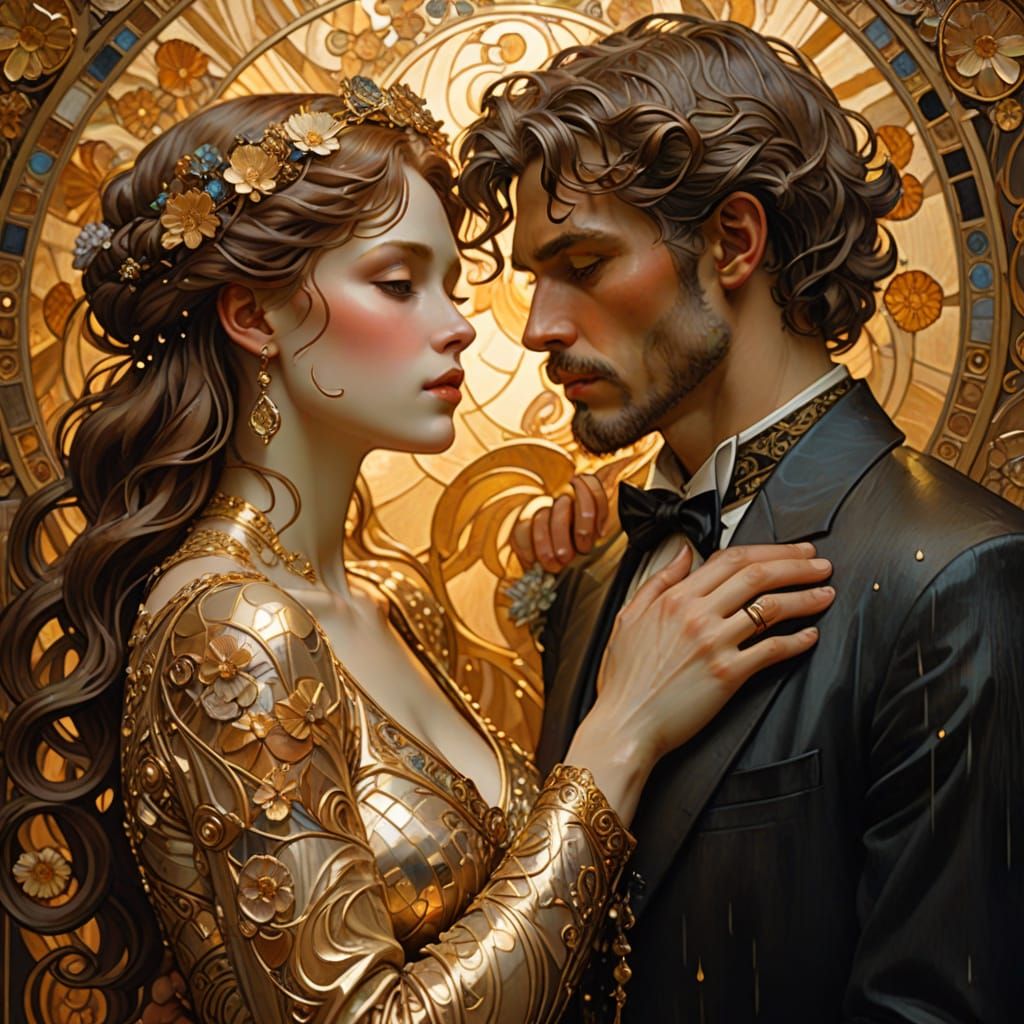 Golden Romance in Rainy Splendor, Art Nouveau Style