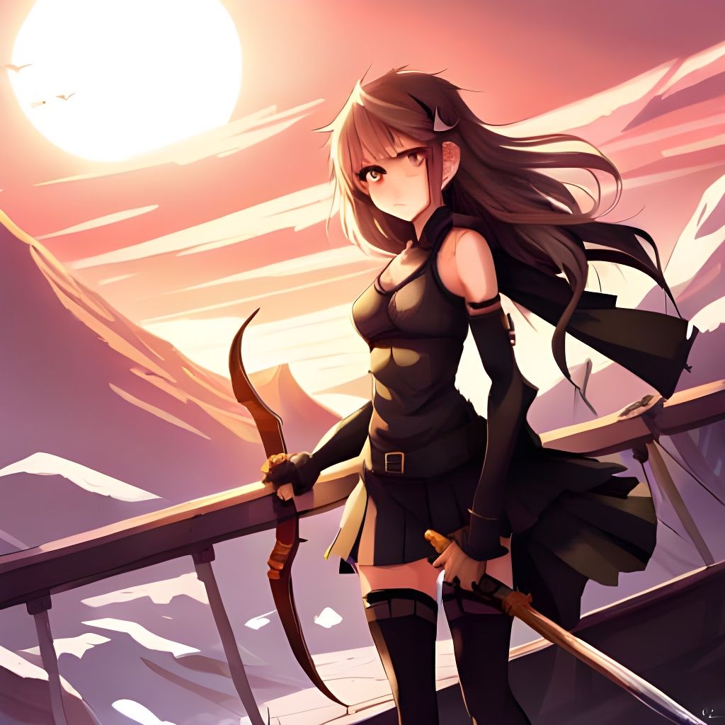 Anime Girl Ranger with Scythe on Bridge