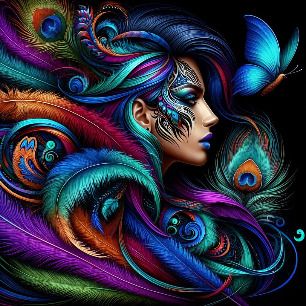 Vibrant Woman with Peacock Feathers: Digital Art