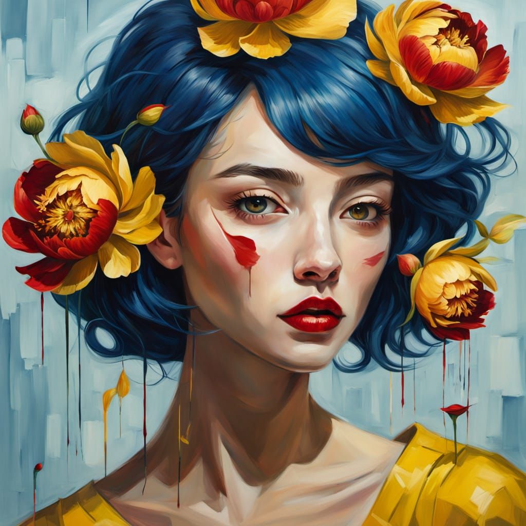 Surreal Woman's Head Blooms into Peonies, Oil Painting