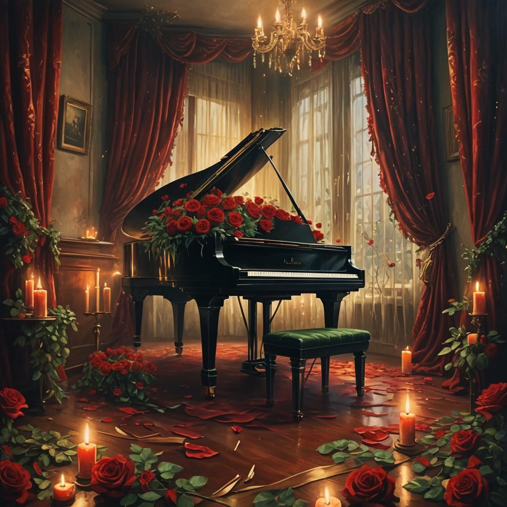Red Roses on Piano in Dramatic Oil Painting