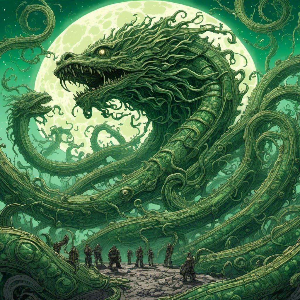 Colossal Undead Hydra on Lunar Surface in Comic Style