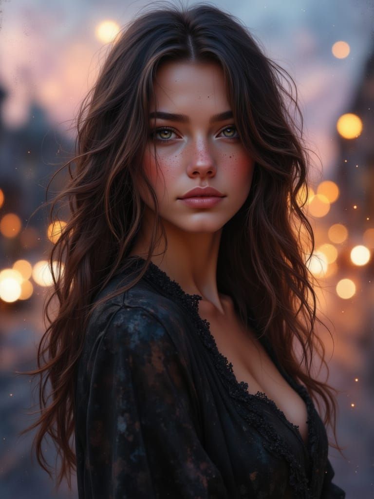 Serene Woman at City Overlook at Twilight