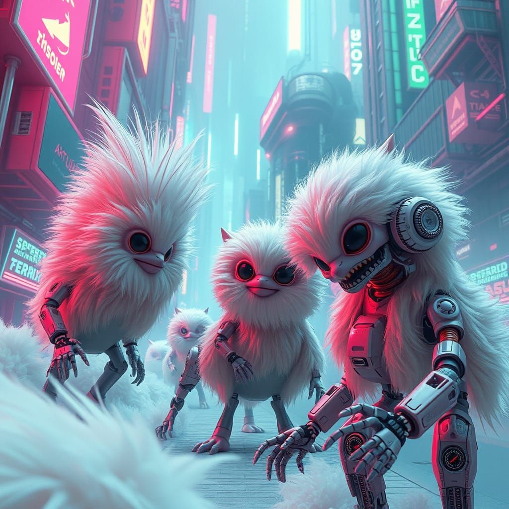 Cyberpunk Futurism: Whimsical Mechs in Neon City
