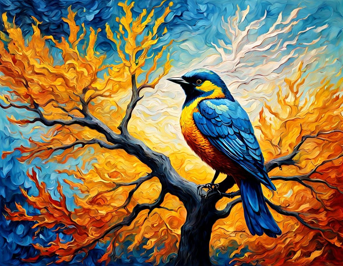 Rainbow Maple Tree with Blue Bird, Impressionist Oil Paintin...