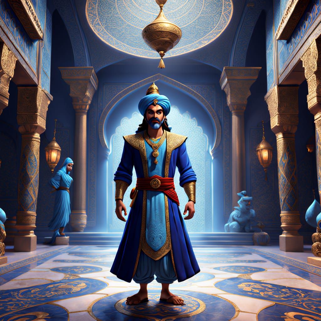 Blue Genie in Persian Palace: Vibrant Pixar-Inspired Concept...