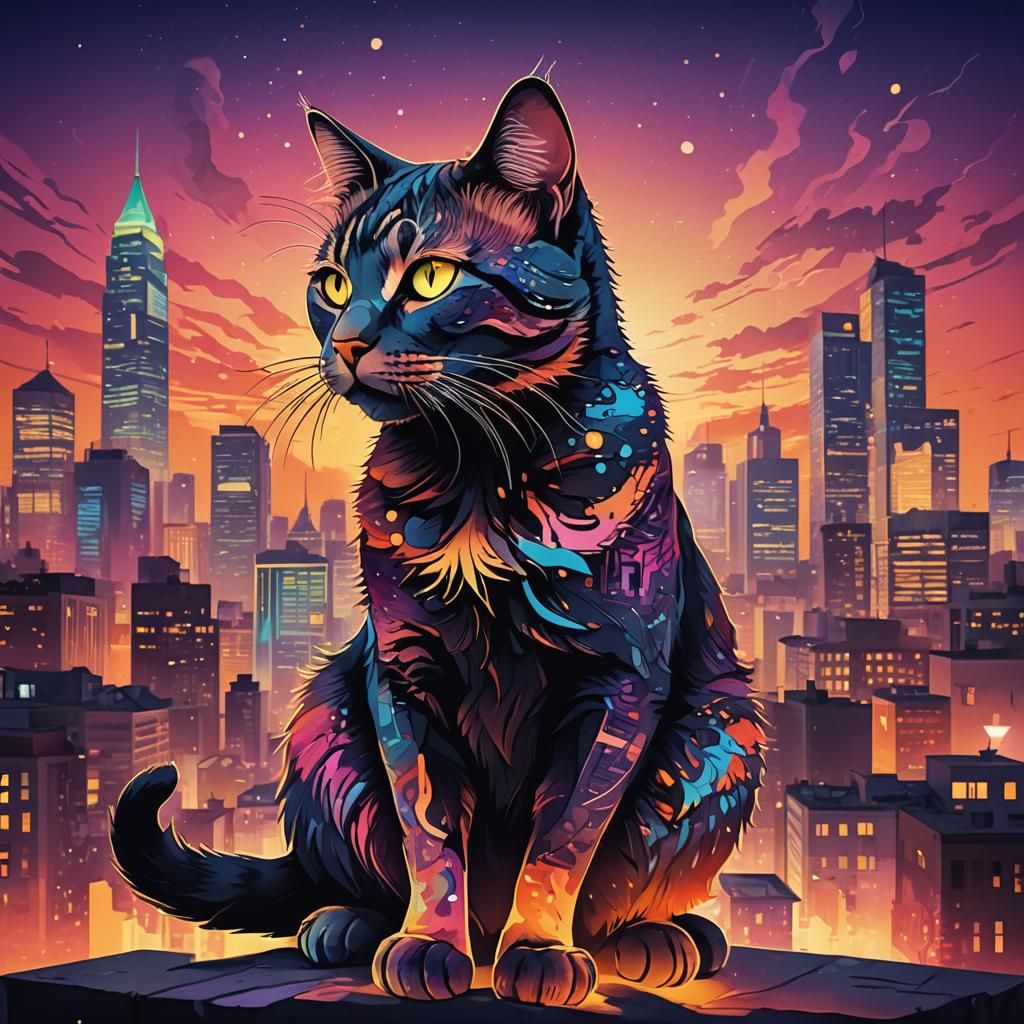 Surreal Cat Silhouette Portrait in Neon Cityscape