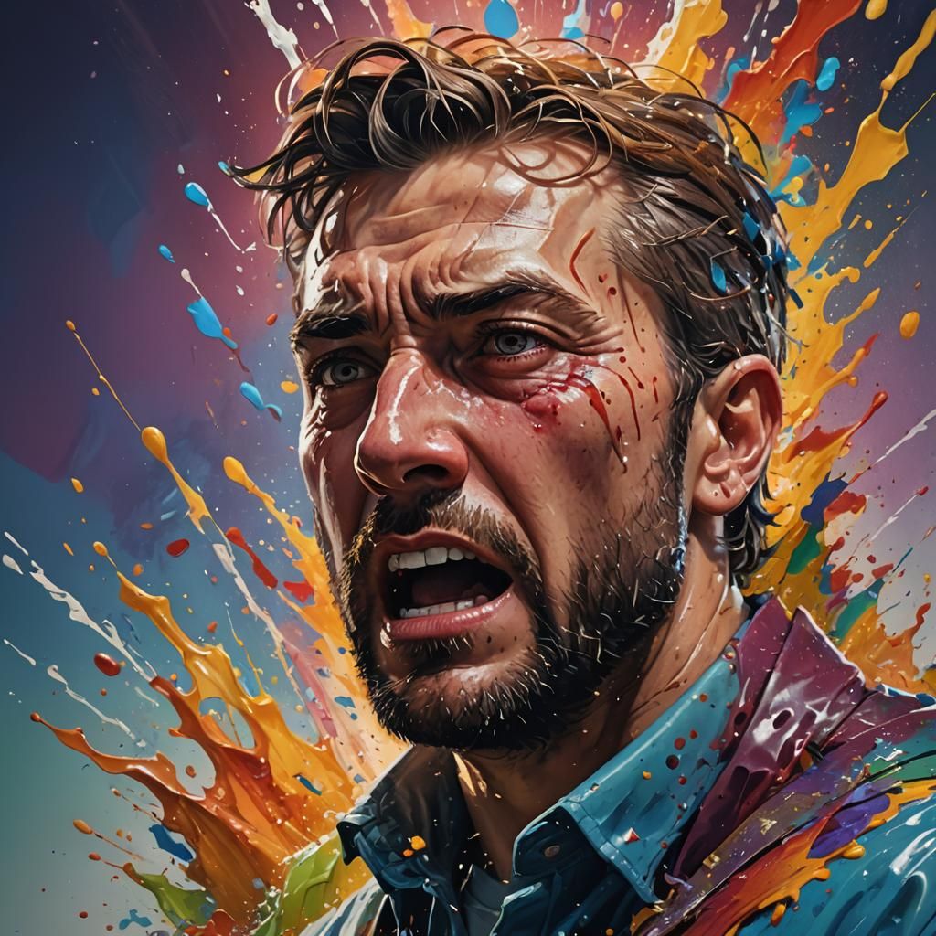 Man Overcoming Fear in Hyperrealistic Splash Art