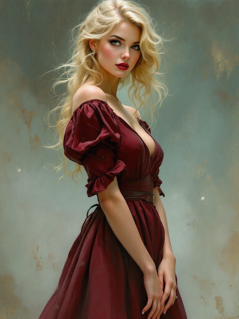 1950s Pin-Up Woman in Maroon Dress, Tonalist Style