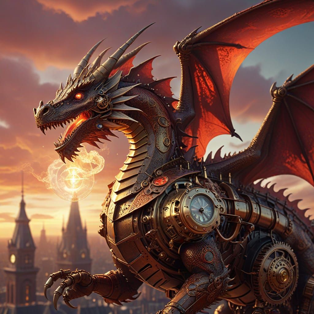 Steampunk Clockwork Dragon Soaring Above Victorian City
