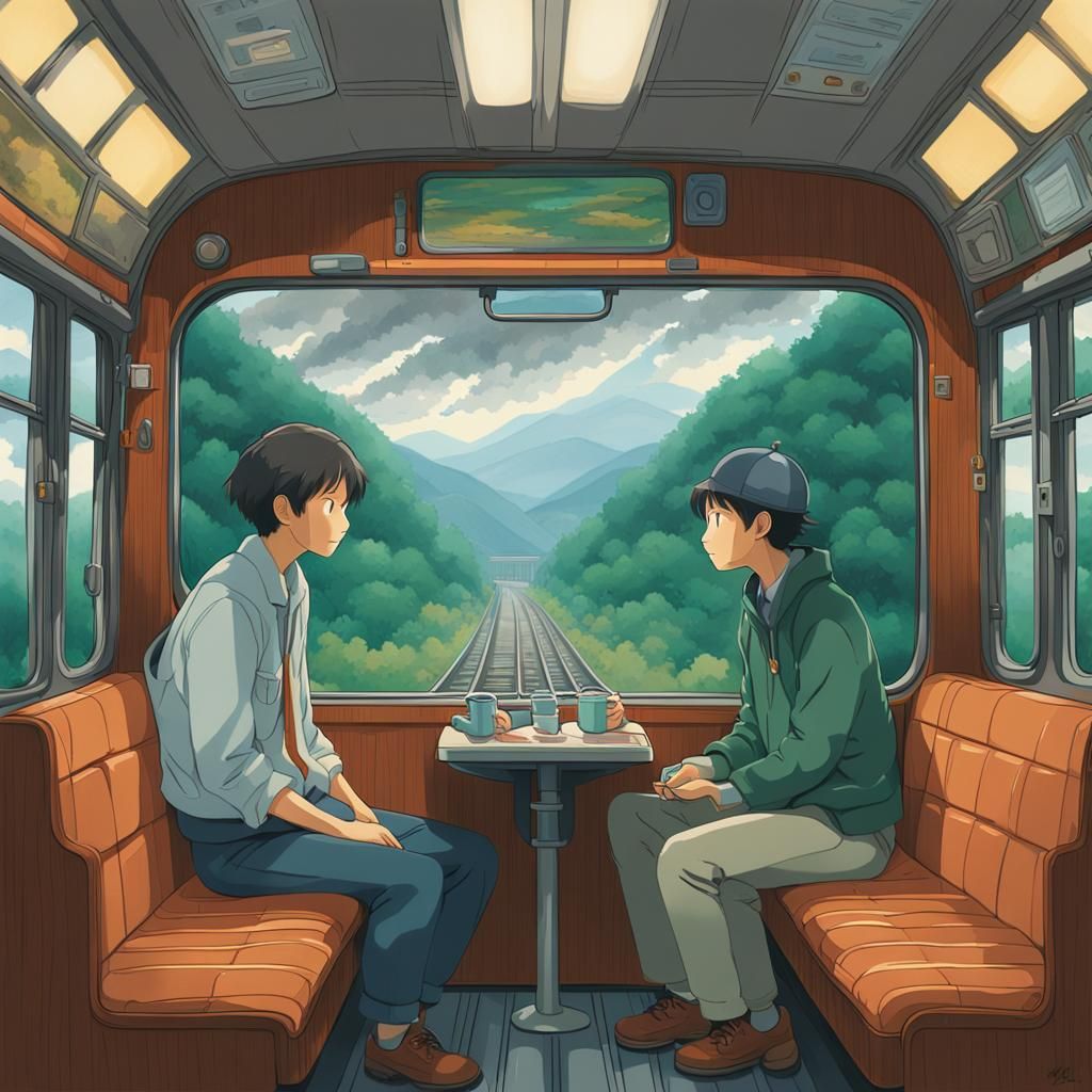 Geologists on a Train in Studio Ghibli Style