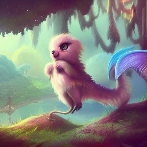 Fluffy Gliding Creature in Colorful Fantasy Landscape