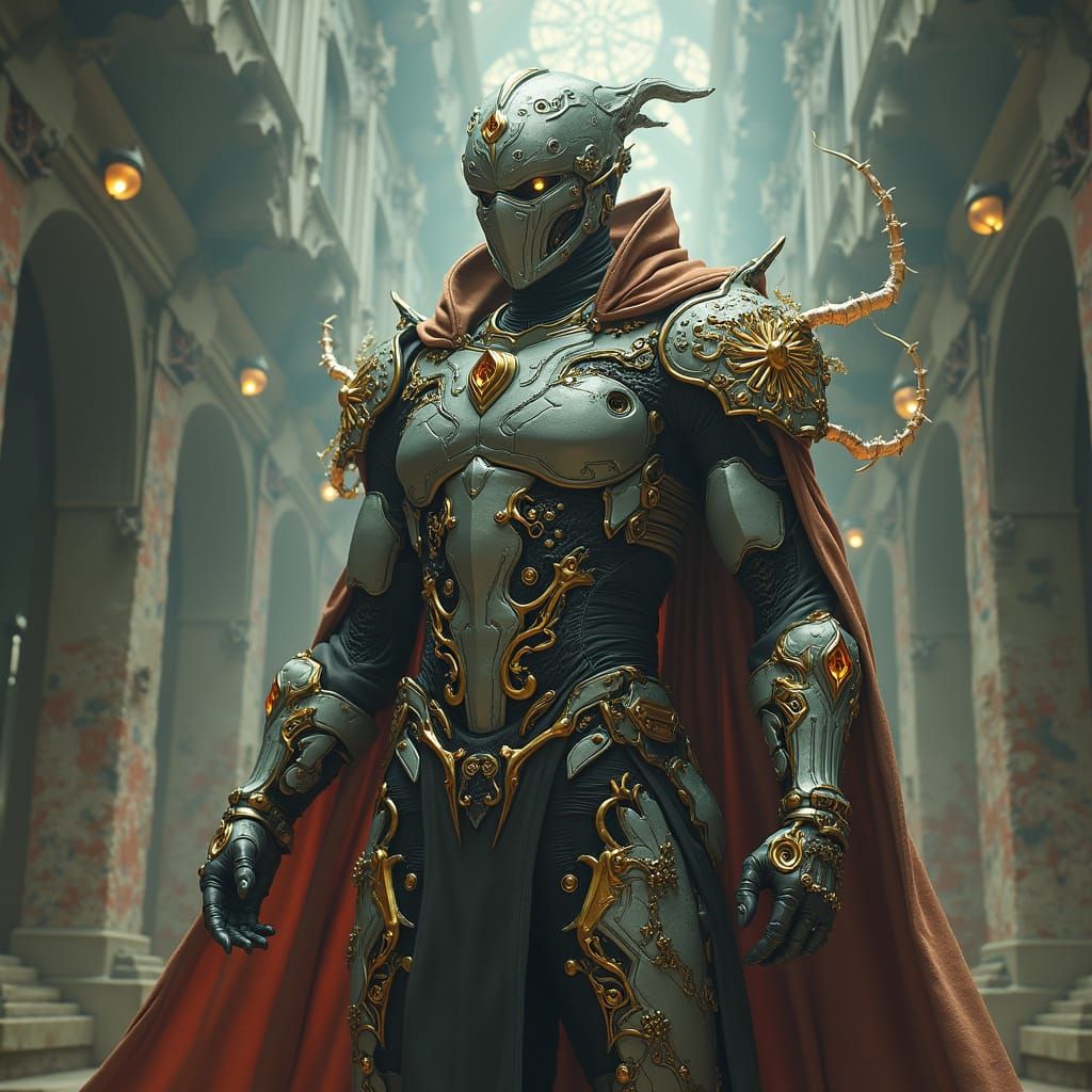 Mystical Warrior Monk in Biomechanical Armor, Cyberpunk Fant...