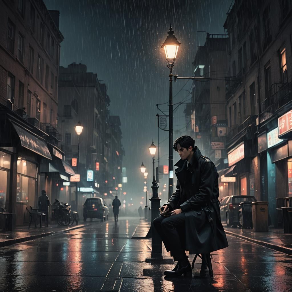 Noir Anime Man in Rain, 3D Rendered