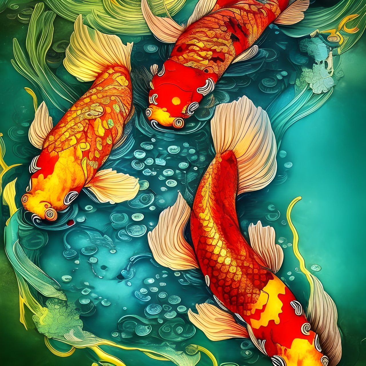 Neon Koi Yin Yang Pond: Dripping Paint Digital Art