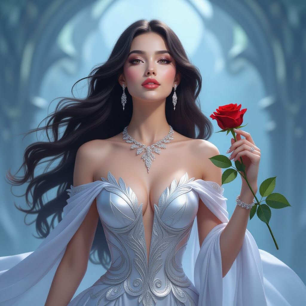 Fantasy Woman in Silver Dress with Red Rose