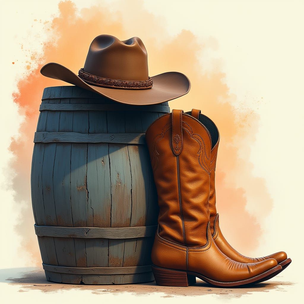 Vintage Western Boots Rest Against a Weathered Barrel in a S...