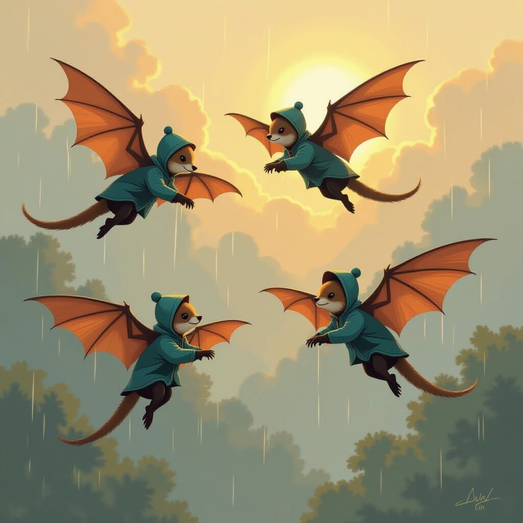 Flying Foxes in Rain Jackets Through Misty Skies