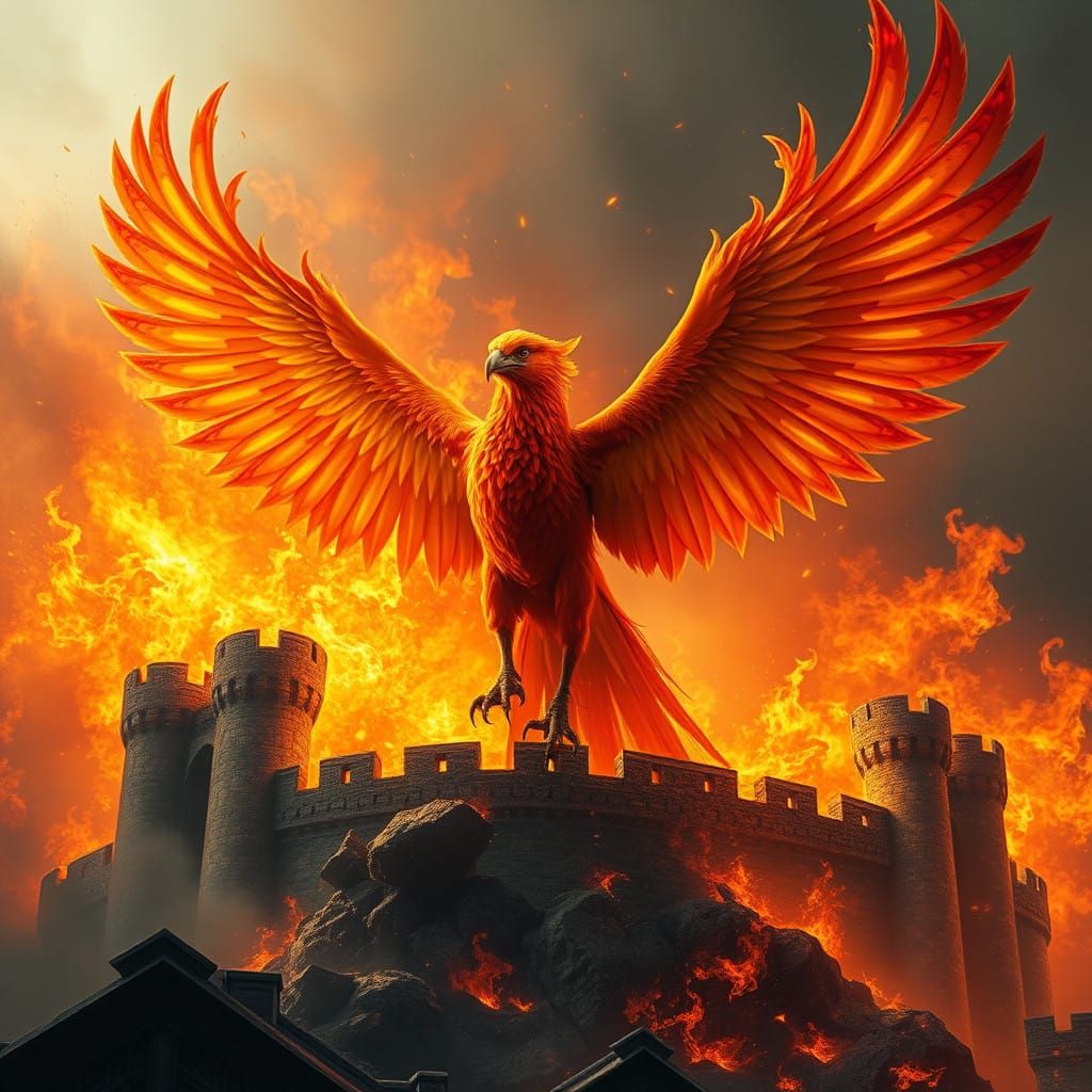 Majestic Phoenix Rises from Ashes in Blazing Medieval Castle