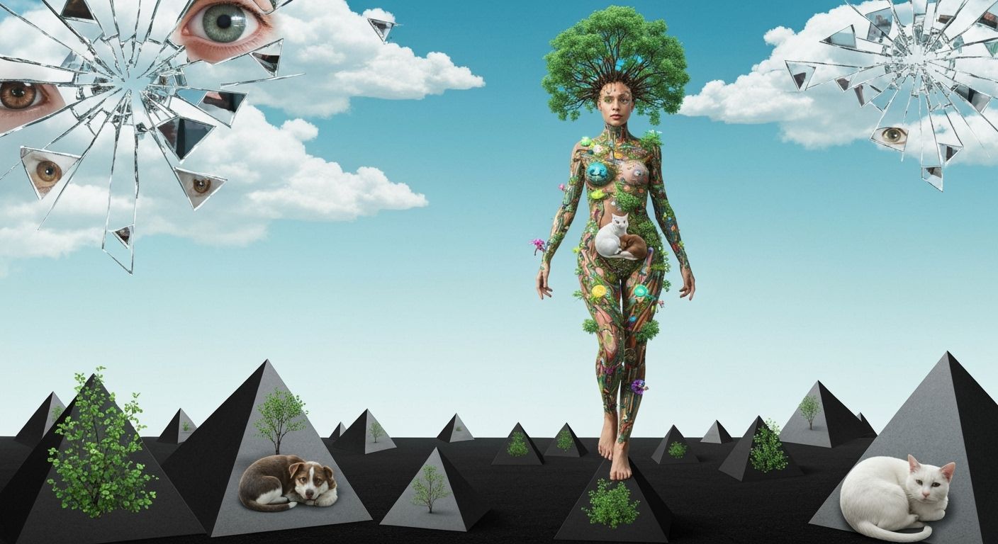 Surreal Woman Made of Tools on Pyramids in Dreamlike Atmosph...