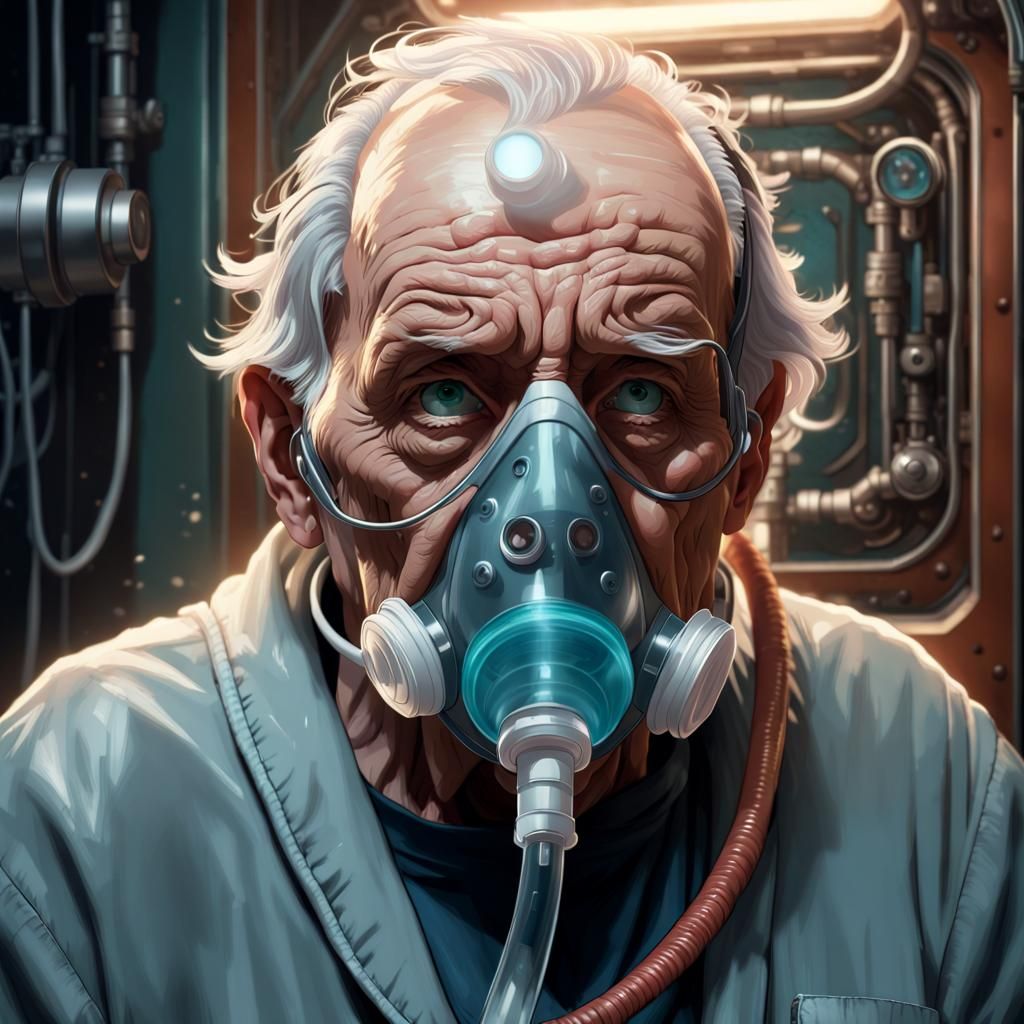 Ominous Dying Man in Oxygen Mask: Digital Art