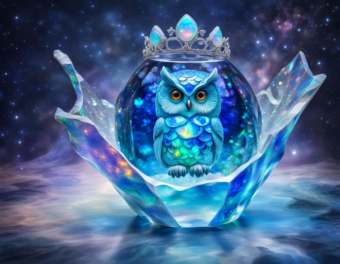 Cosmic Opal Owl in Shimmering Crystal Water