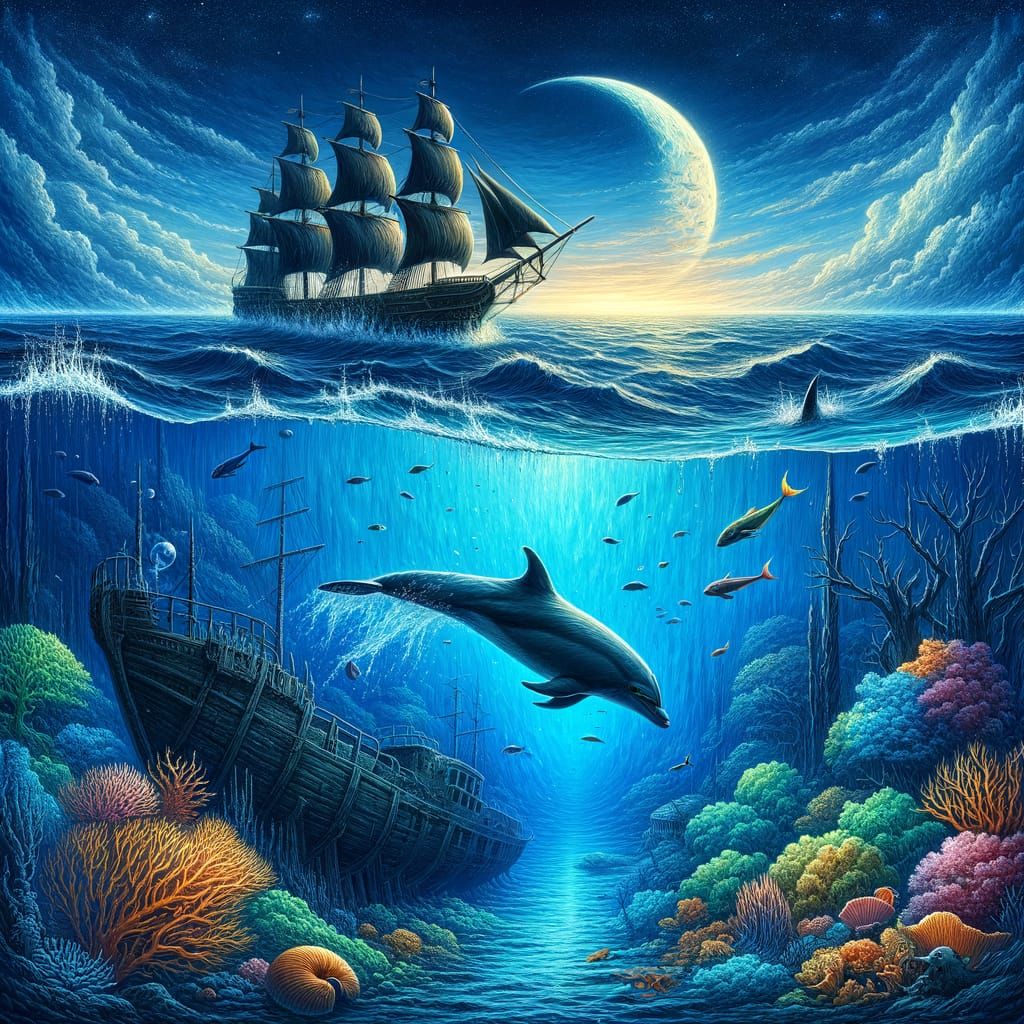 Dual Seascape: Dolphin, Pirate Ship, and Underwater World