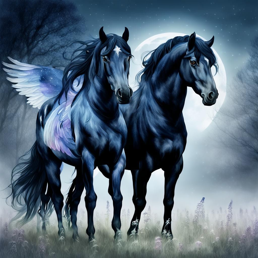 Black Stallion and Pegasus in Ethereal Moonlight