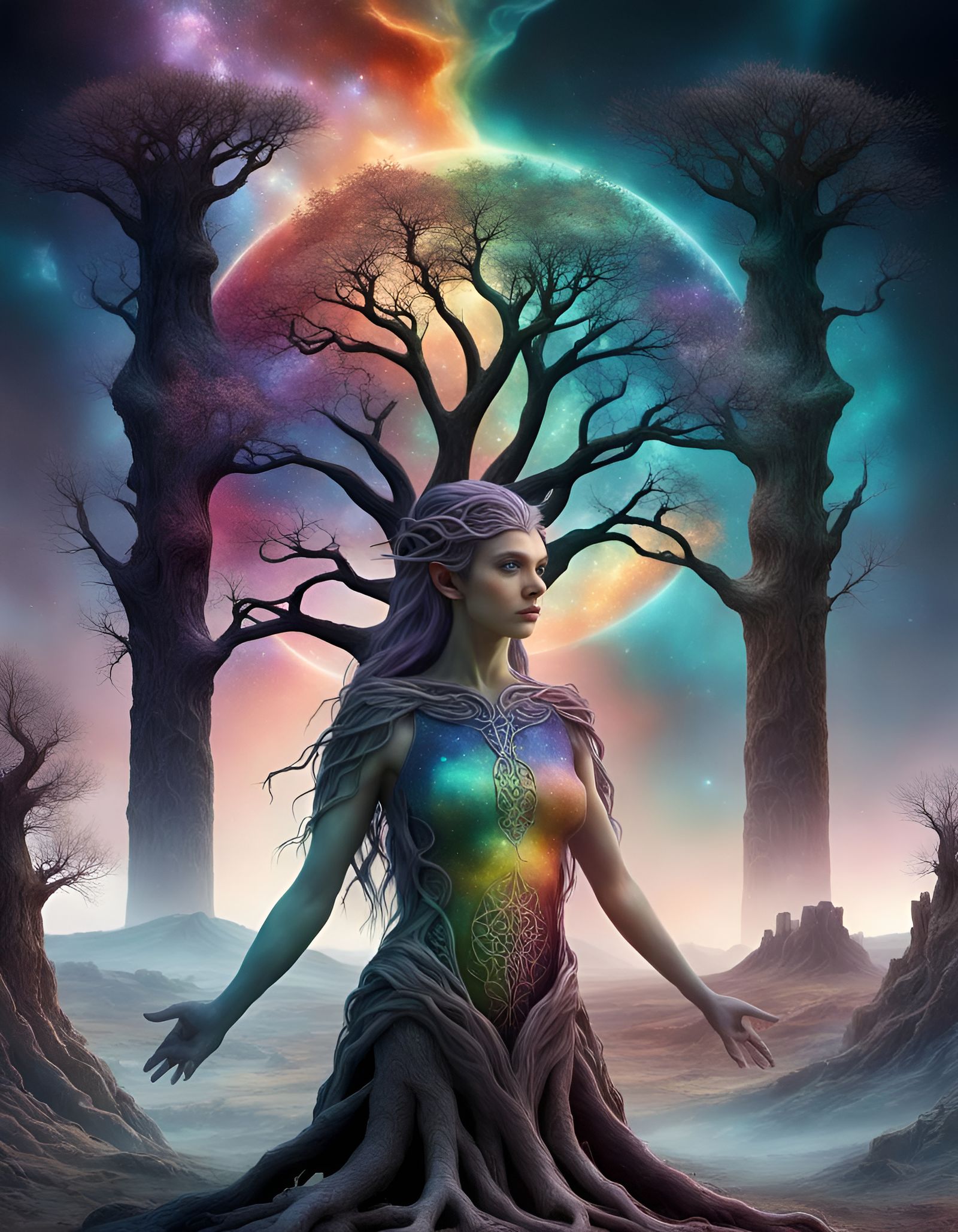 Multicolored Elf Goddess in Surreal Fantasy Landscape