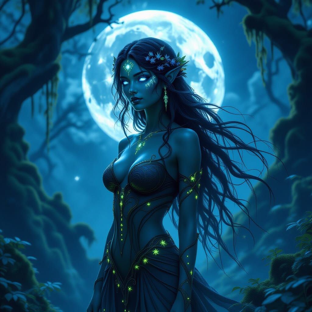 Dryad With Bioluminescent Skin in Moonlit Forest