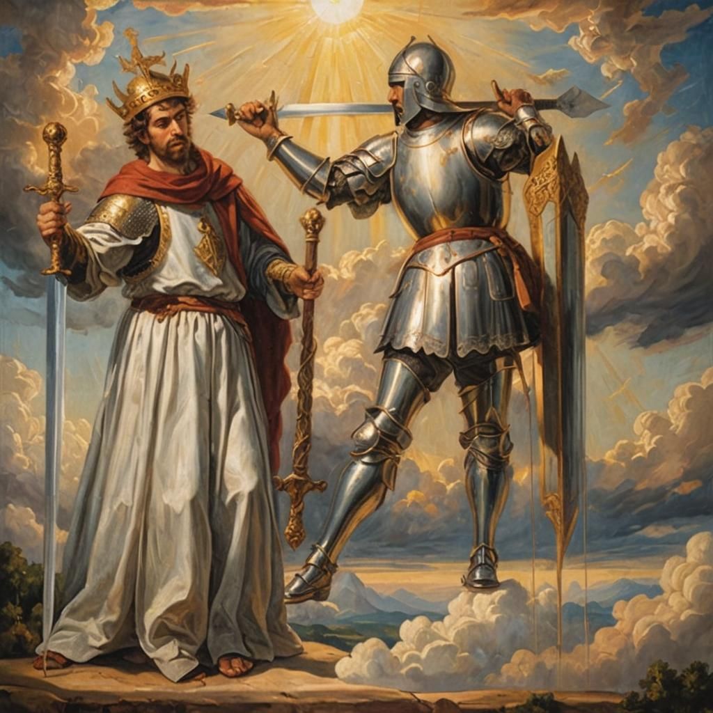 Renaissance Knight Strikes Man in Divine Light