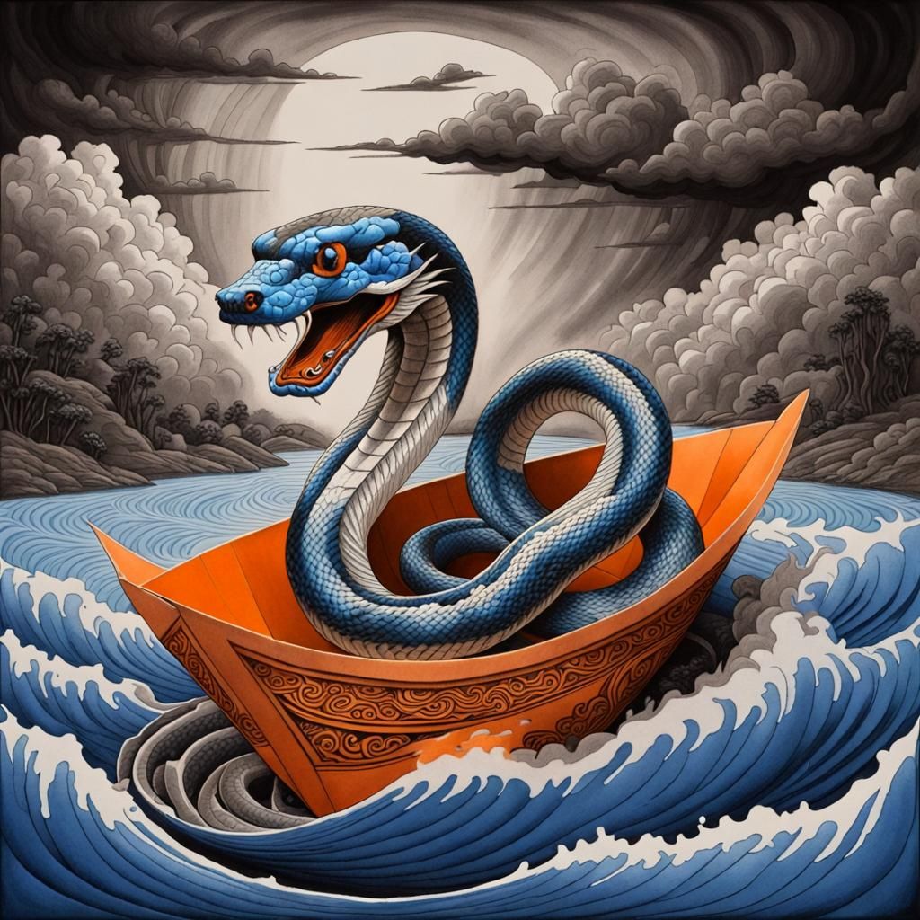 Blue Snake on Orange River: Ink Drawing