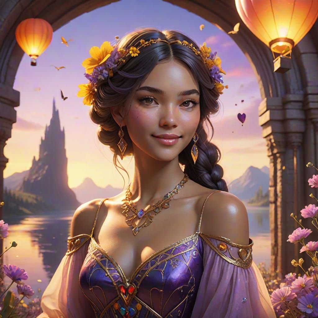 Elegant Young Woman in Whimsical Heart-Shaped Portal