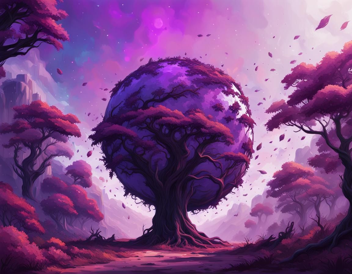 Planet with Glowing Purple Leaves: Hyperrealistic Splash Art