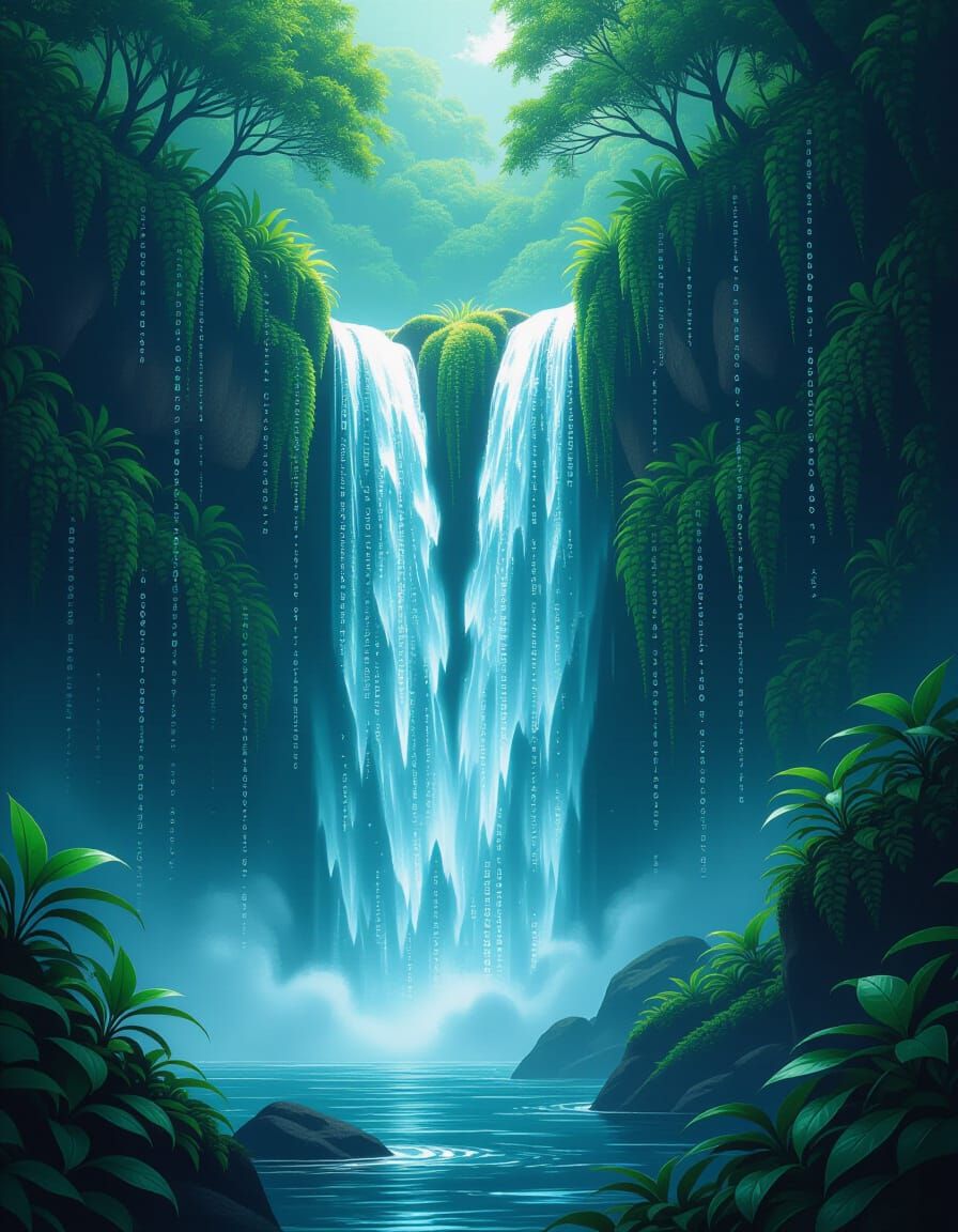 Surreal Waterfall of Binary Code in Ethereal Digital Landsca...