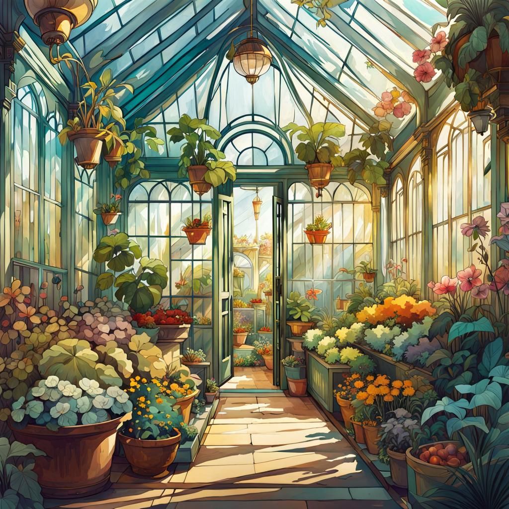 Colorful Greenhouse Garden in Art Nouveau Style