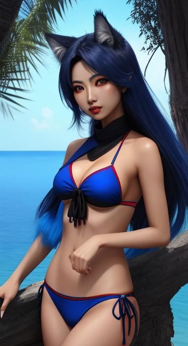 Red-Eyed Wolf Girl in Blue Bikini: Digital Art