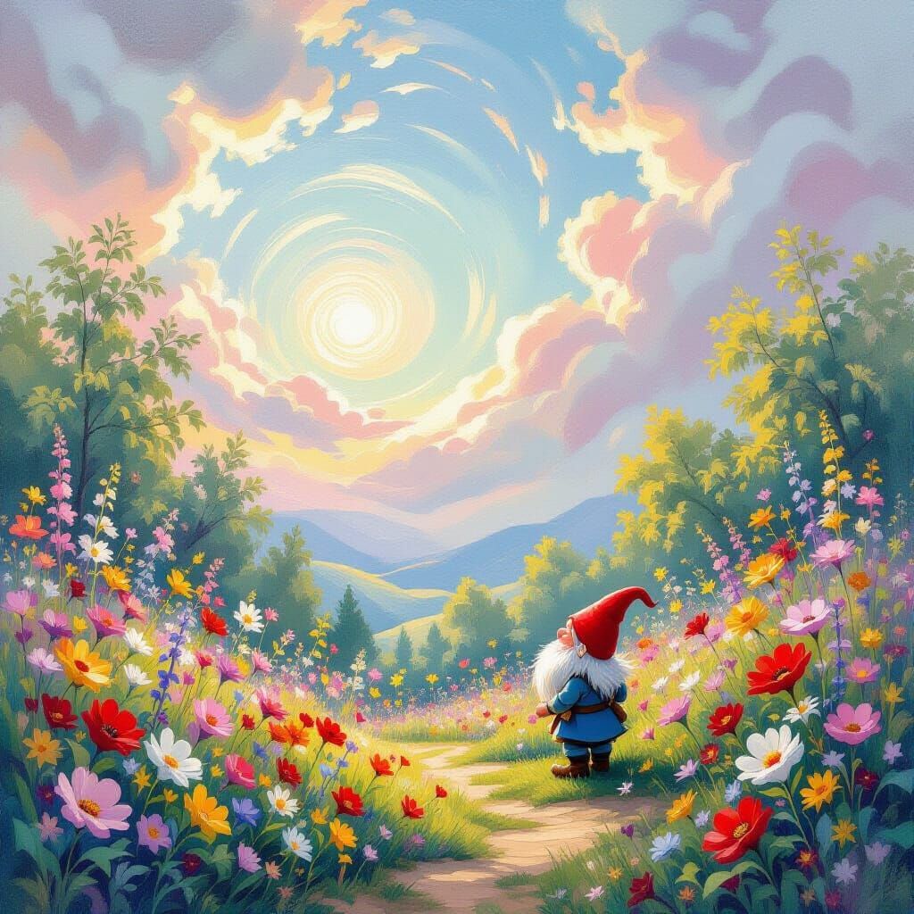 Enchanted Gnome Discovering Chime Flower Grove in Pastel Sky