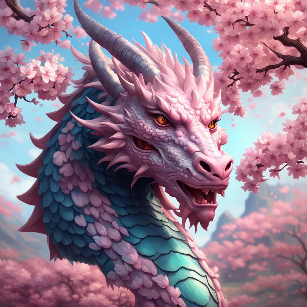 Cherry Blossom Dragon Portrait in Digital Art Style