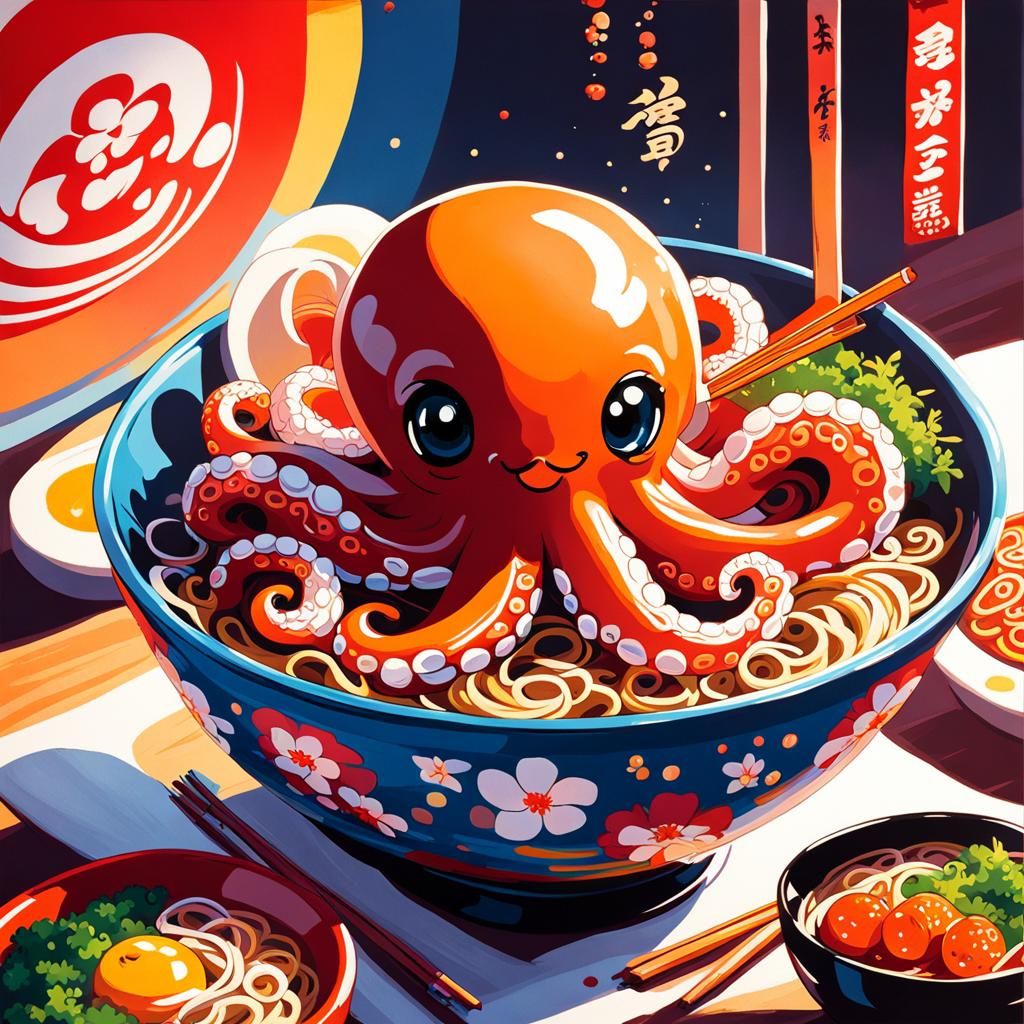 Octopus in Ramen Bowl, Britto Style Acrylic Painting