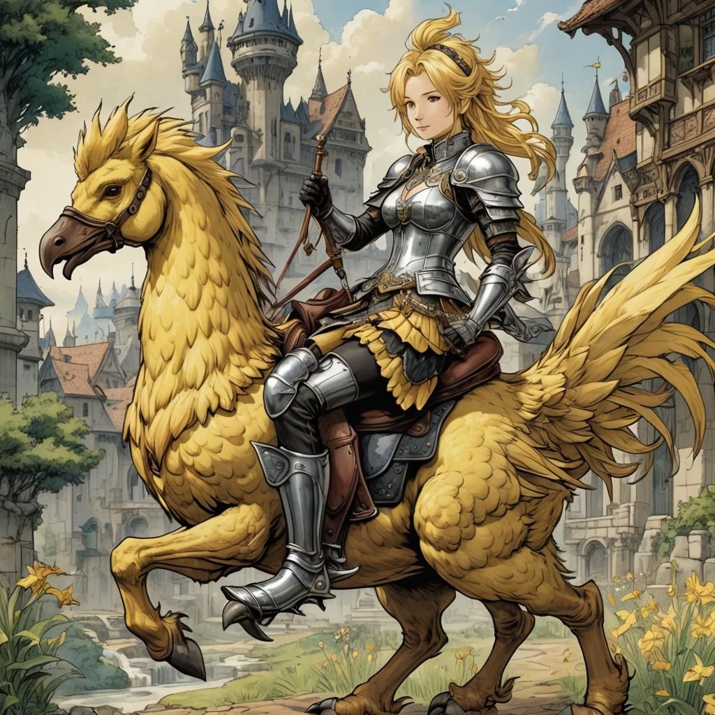 Knight Woman Riding a Chocobo in Anime Style