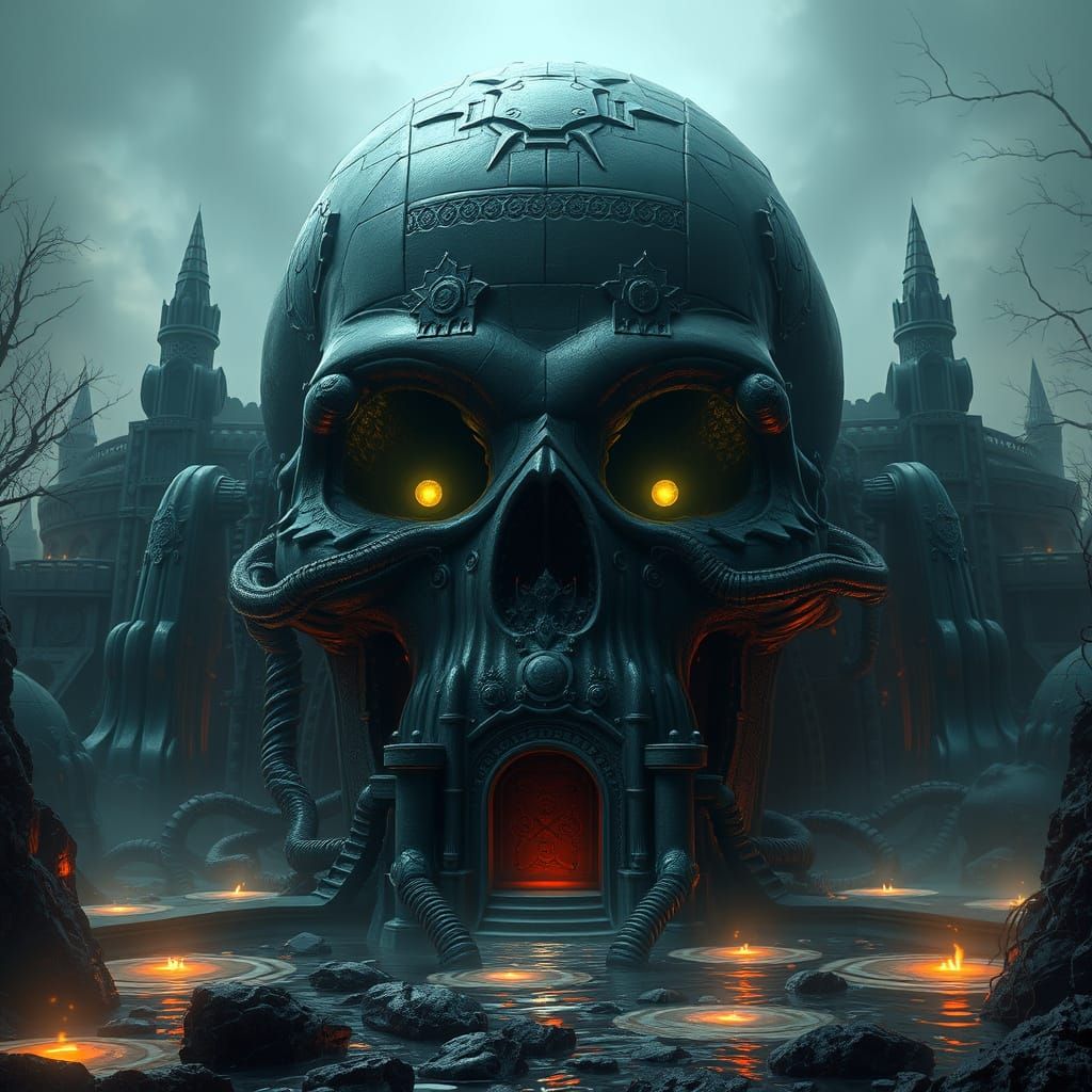 Obsidian Skull Fortress in Swamp, Dark Industrial Steampunk