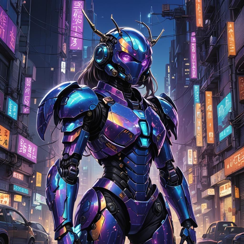 Beetle Armor Anime Girl in Cyberpunk Cityscape