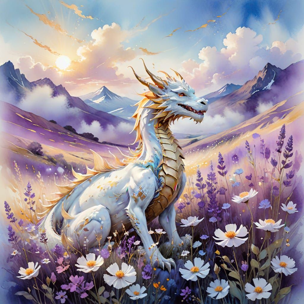 Golden Dragon Sleeps in Watercolour Flower Field