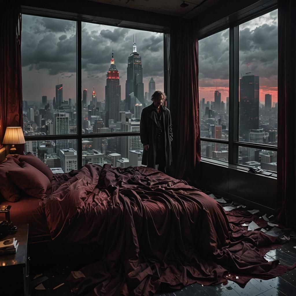 Ominous Hotel Room with City View in Dark Surrealism