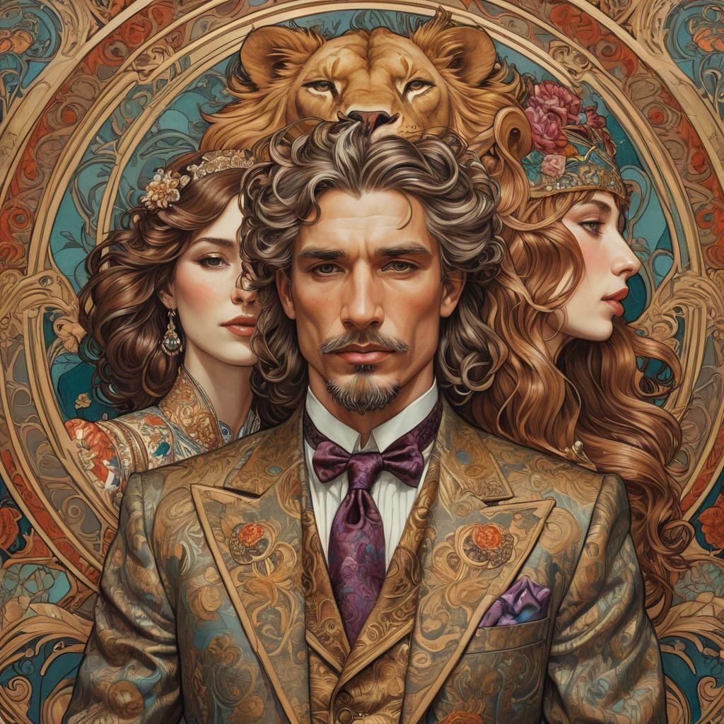 Art Nouveau Fashion Illustration with Lion Suits