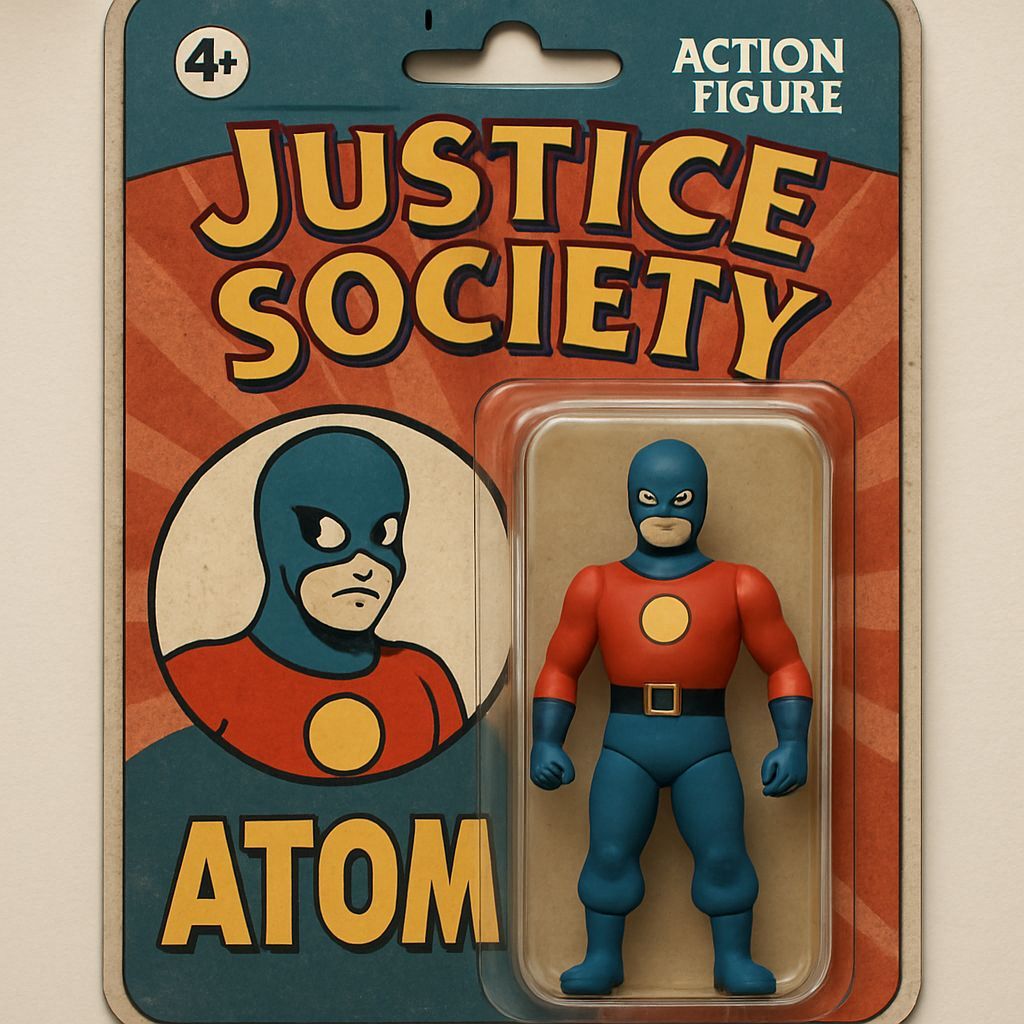 Max Fleischer’s version of The Justice Society’s Atom as an Action Figures in a blister pack.