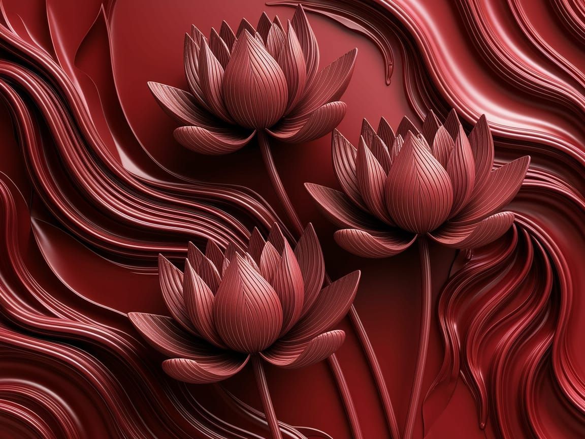 Vibrant Red Lotus Blooms in 3D Metal Relief Style